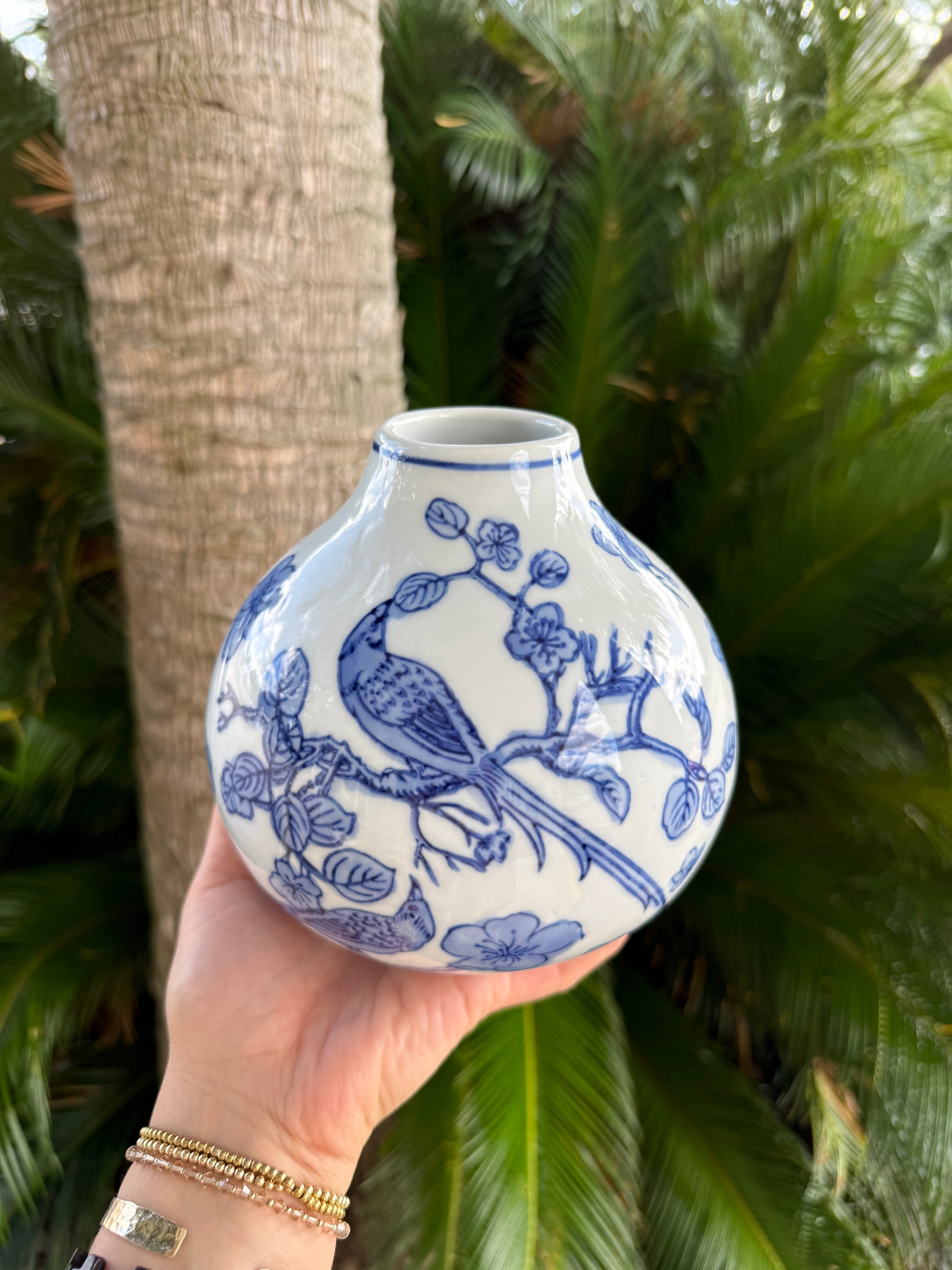 Large Round Blue & White hand Painted Vase With birds