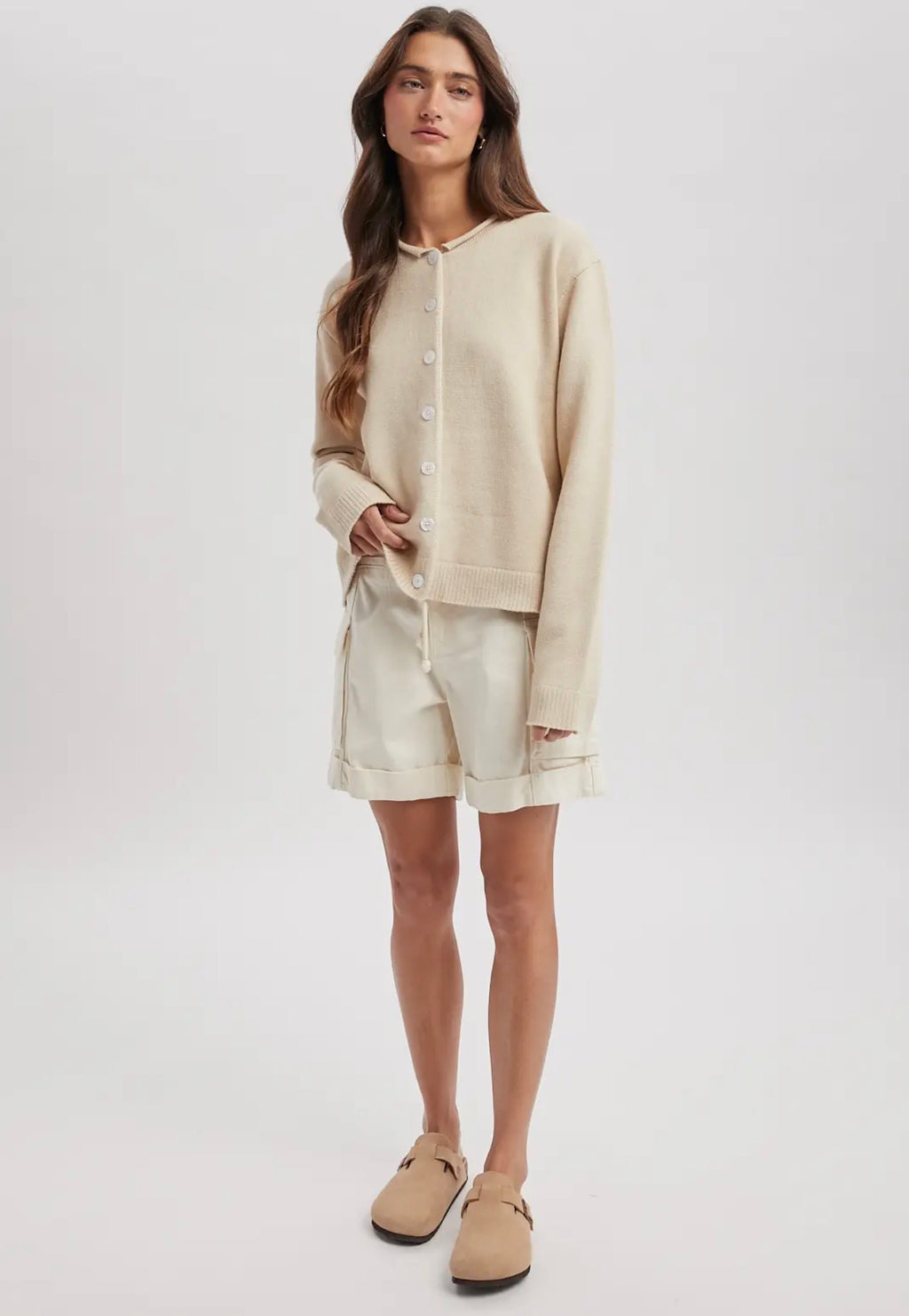 Natural Raw Edge Neckline Button-Up Cardigan