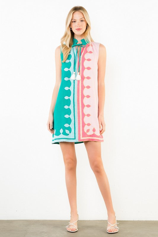Preorder: Ruffle neck Tassel Color Block Dress THML