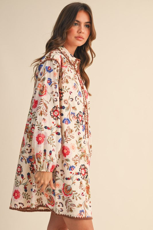 Floral Blanket Stitched Buttoned Dress