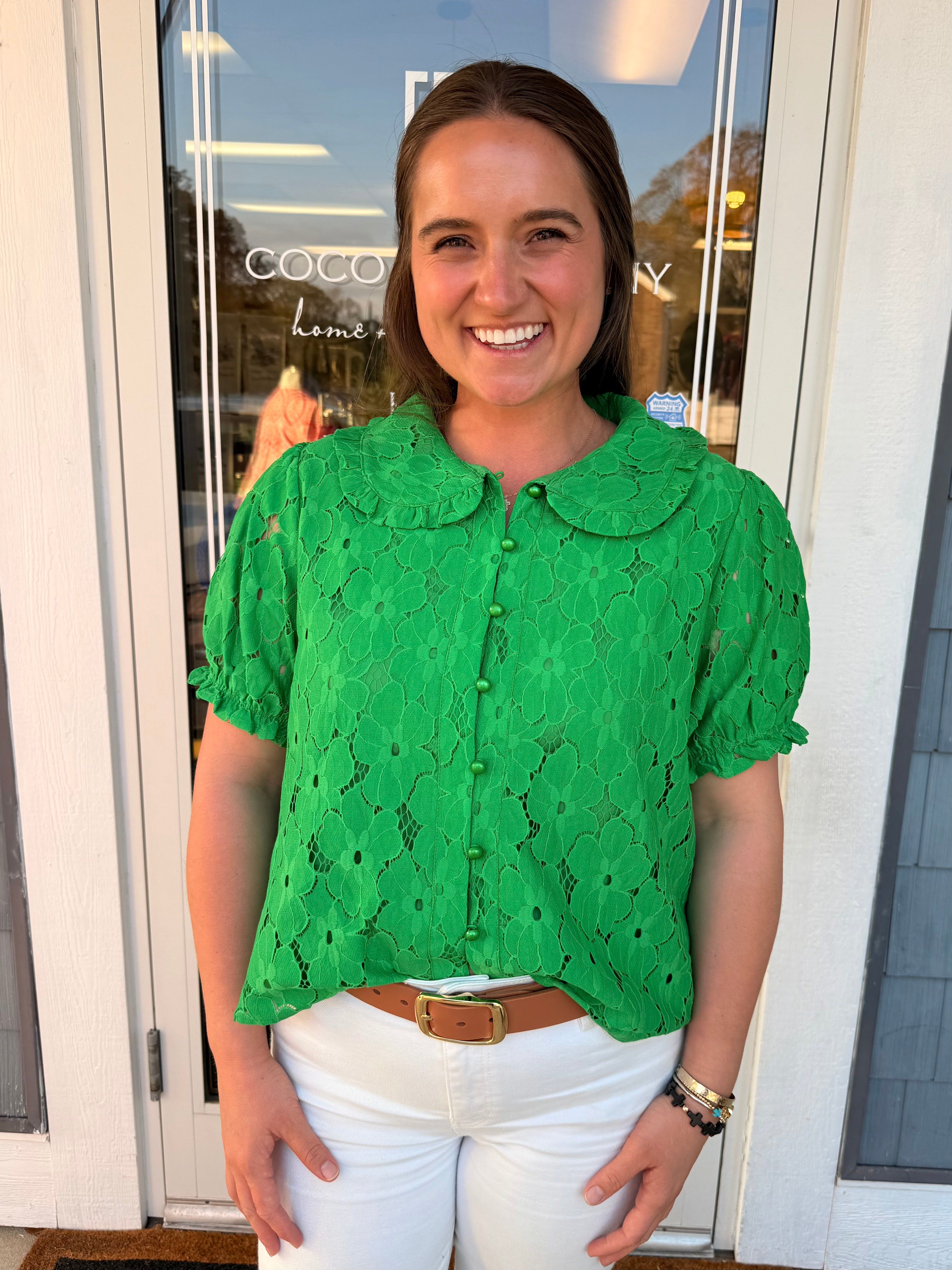 Kelly Green Peter Pan Collar Lace Top