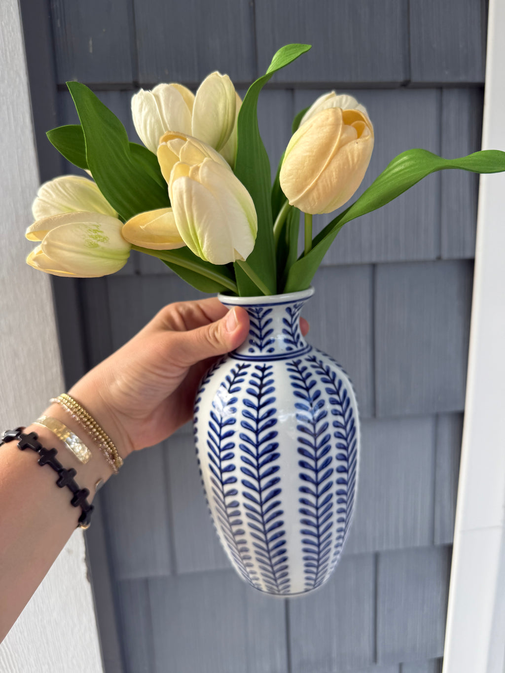 Large White Hand Painted Leaf Vase