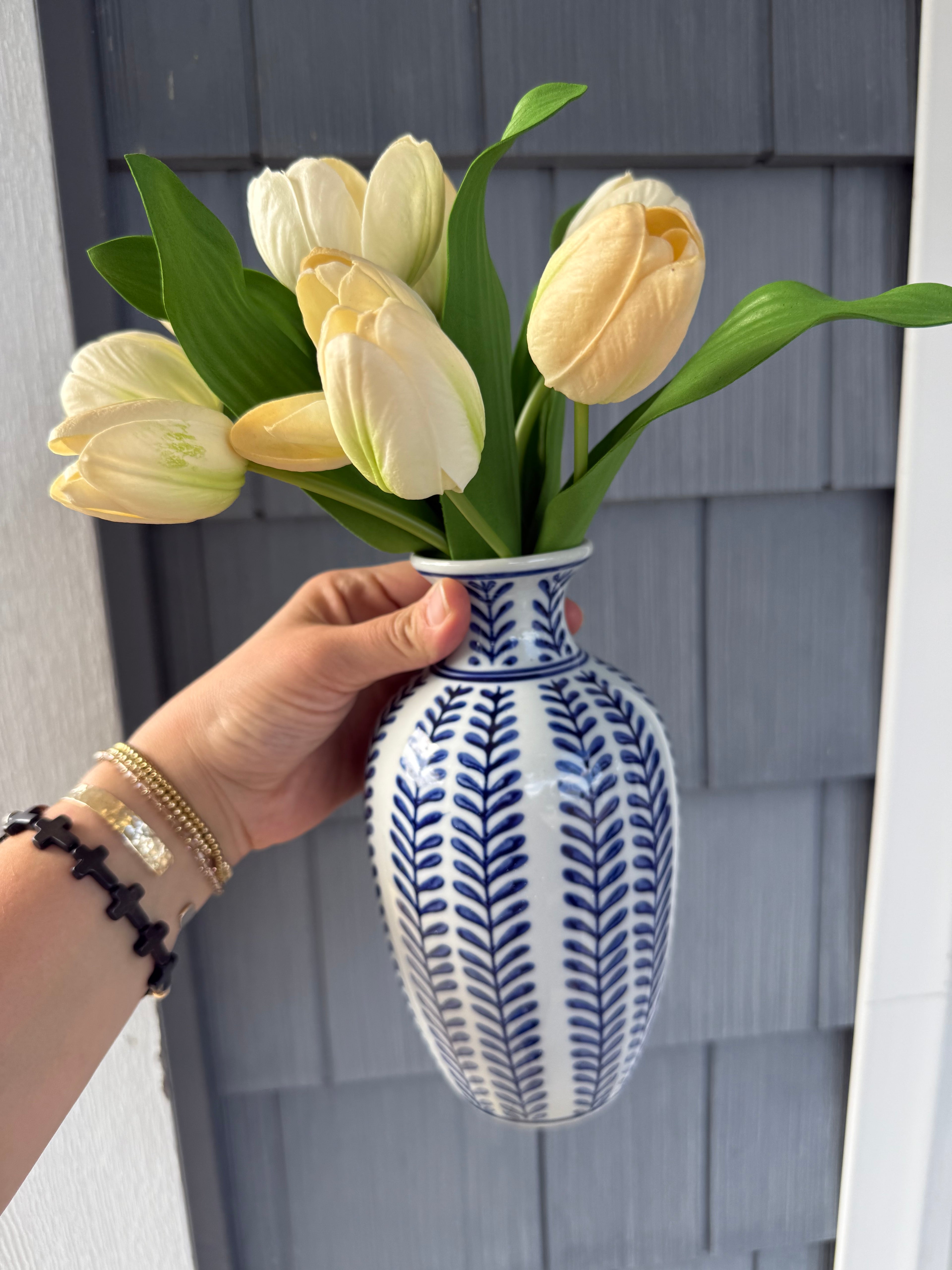 Large White Hand Painted Leaf Vase