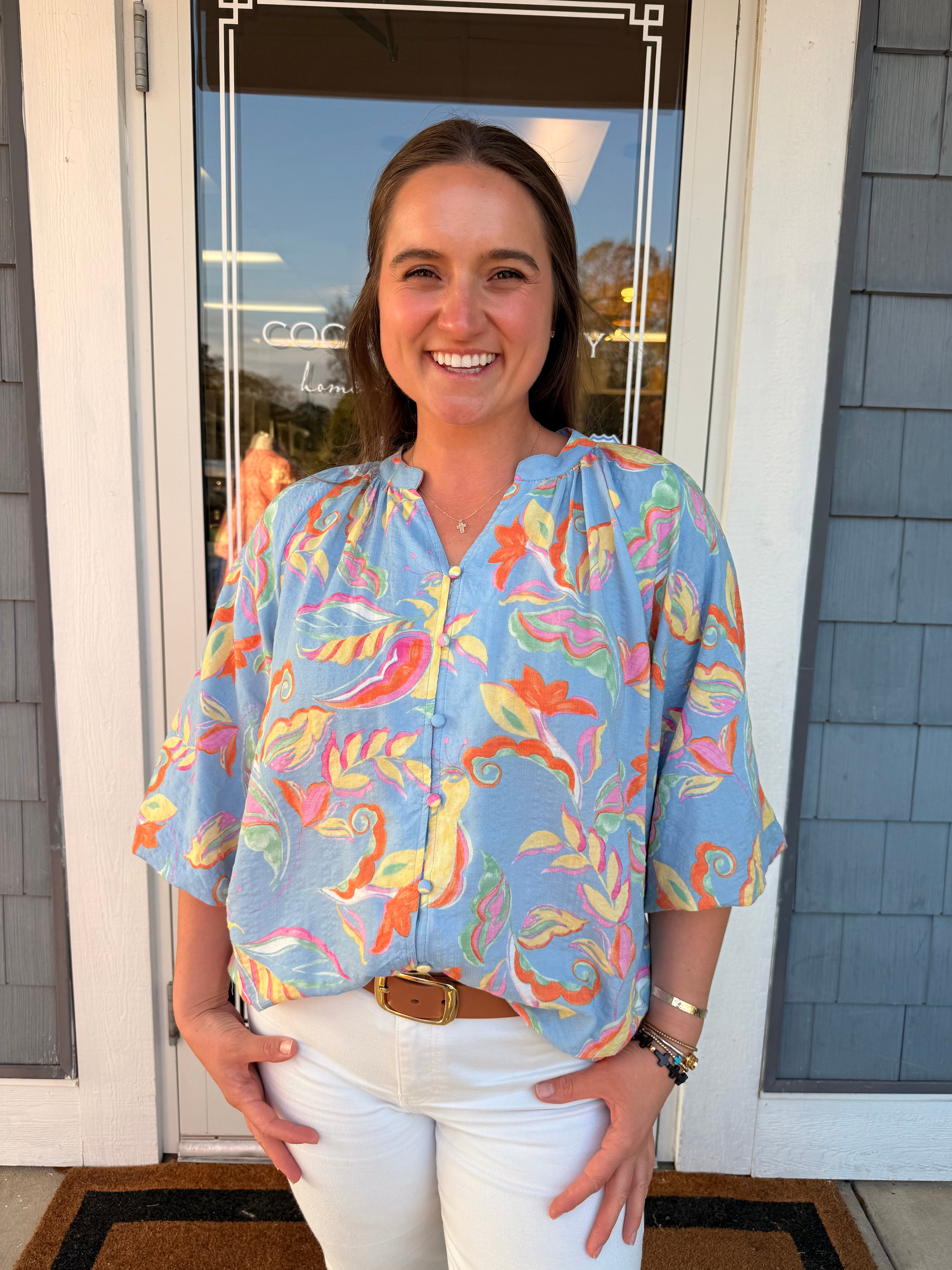 Powder Blue Floral Button Blouse