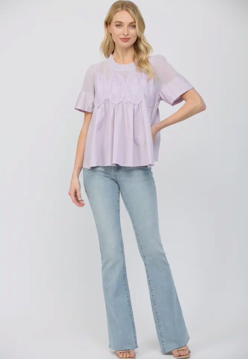 Lace Appliqué Mixed Media SS Lavender Top