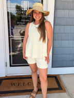 Sleeveless Round Neck Top & shorts Set- Cream