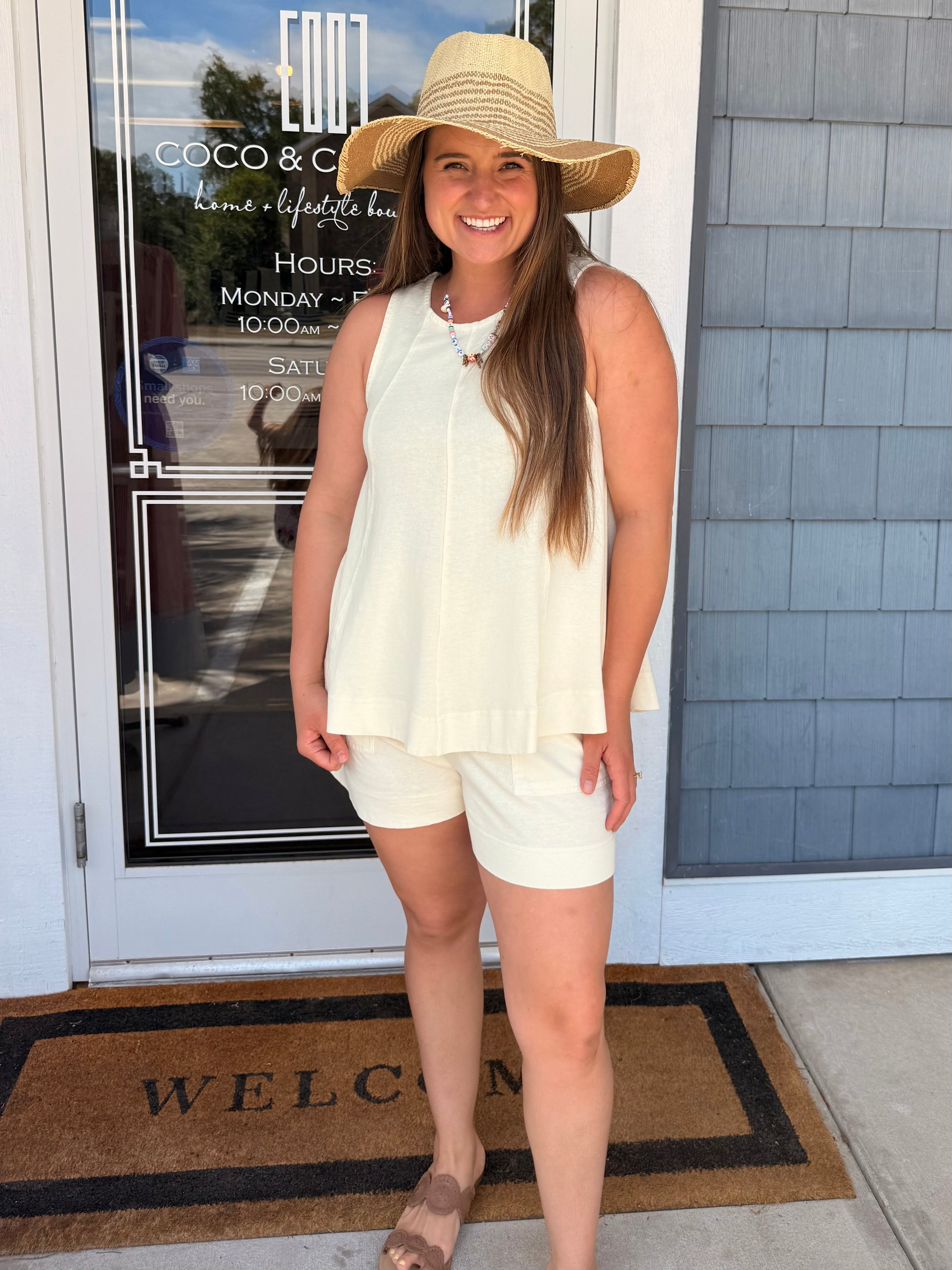 Sleeveless Round Neck Top & shorts Set- Cream