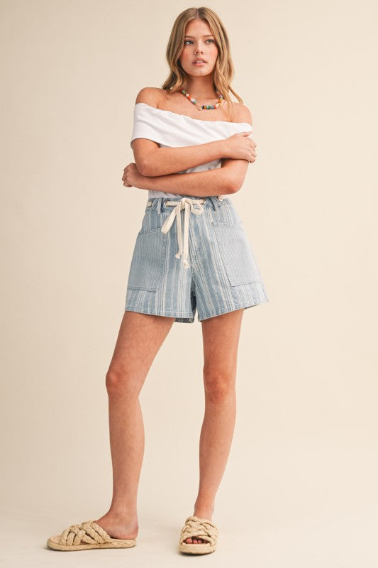Mixed Stripe Light Denim Drawstring Shorts