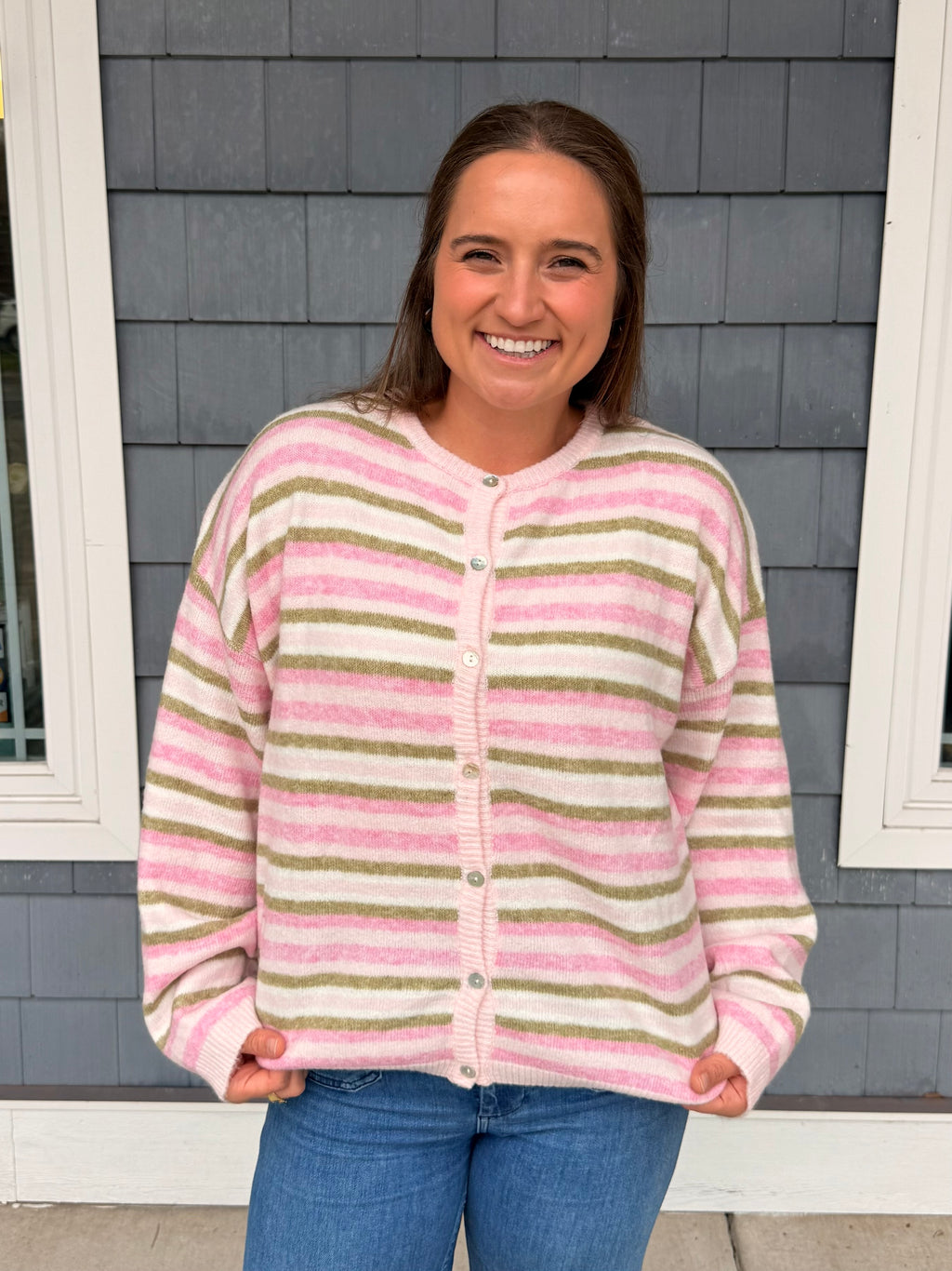 Pink & Green Stripe Button Up Sweater