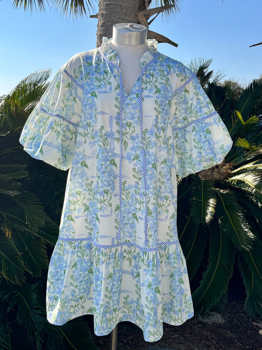 Blue Hydrangea Square Print Dress