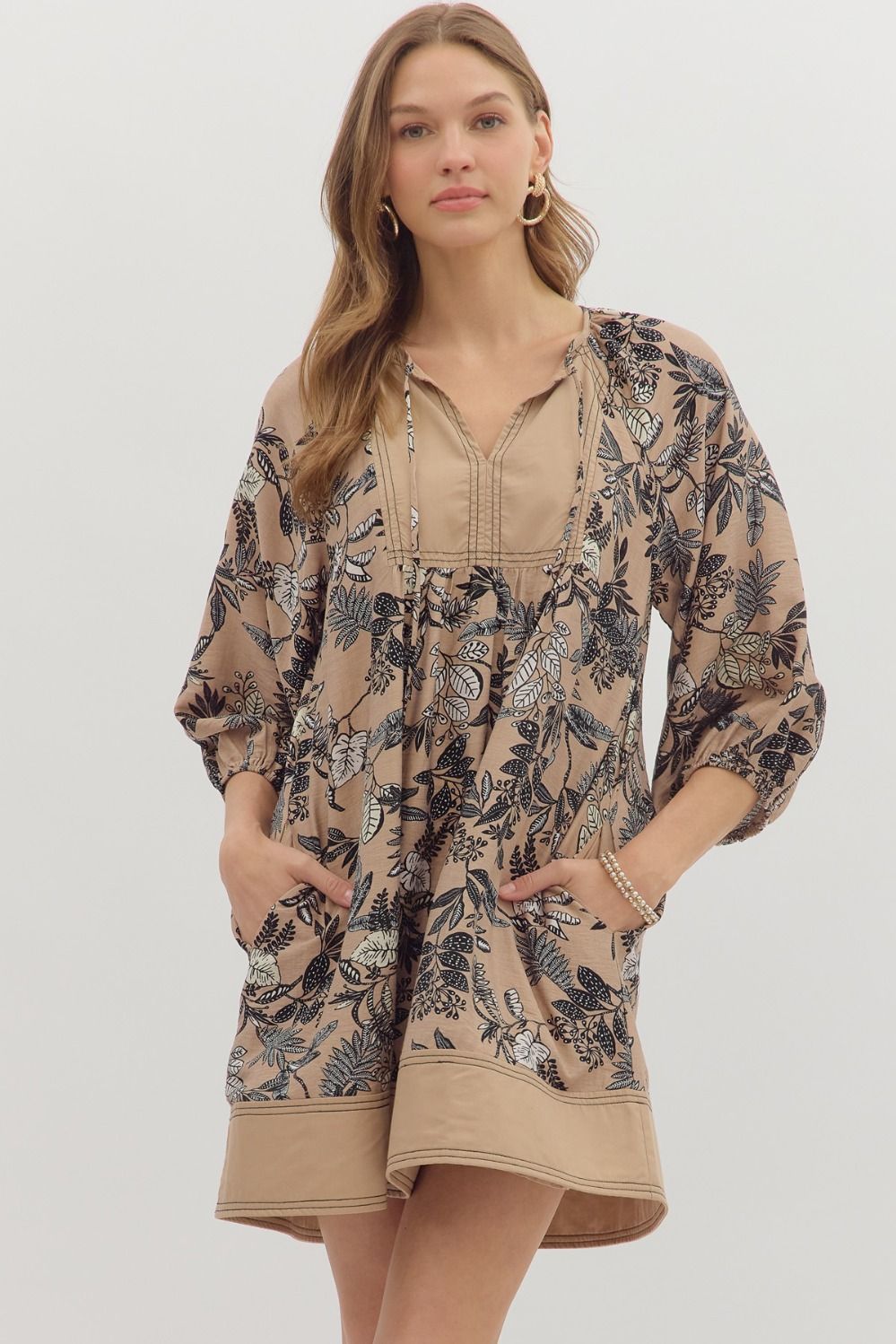 Taupe Botanical Print Contrast Dress SHIPS OR PICKUP 10/10/25