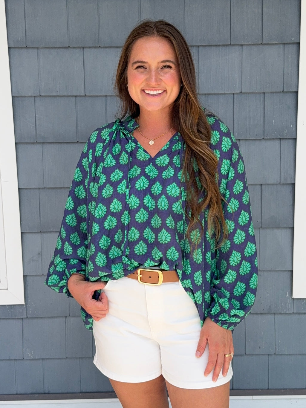 Navy Mix Blouse With Adjustable Tie String