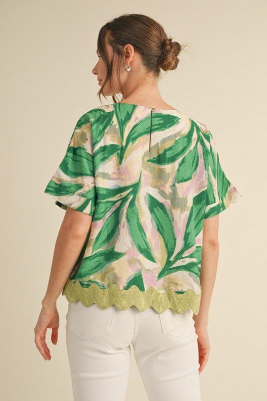 Leaf Print Short Sleeve Top