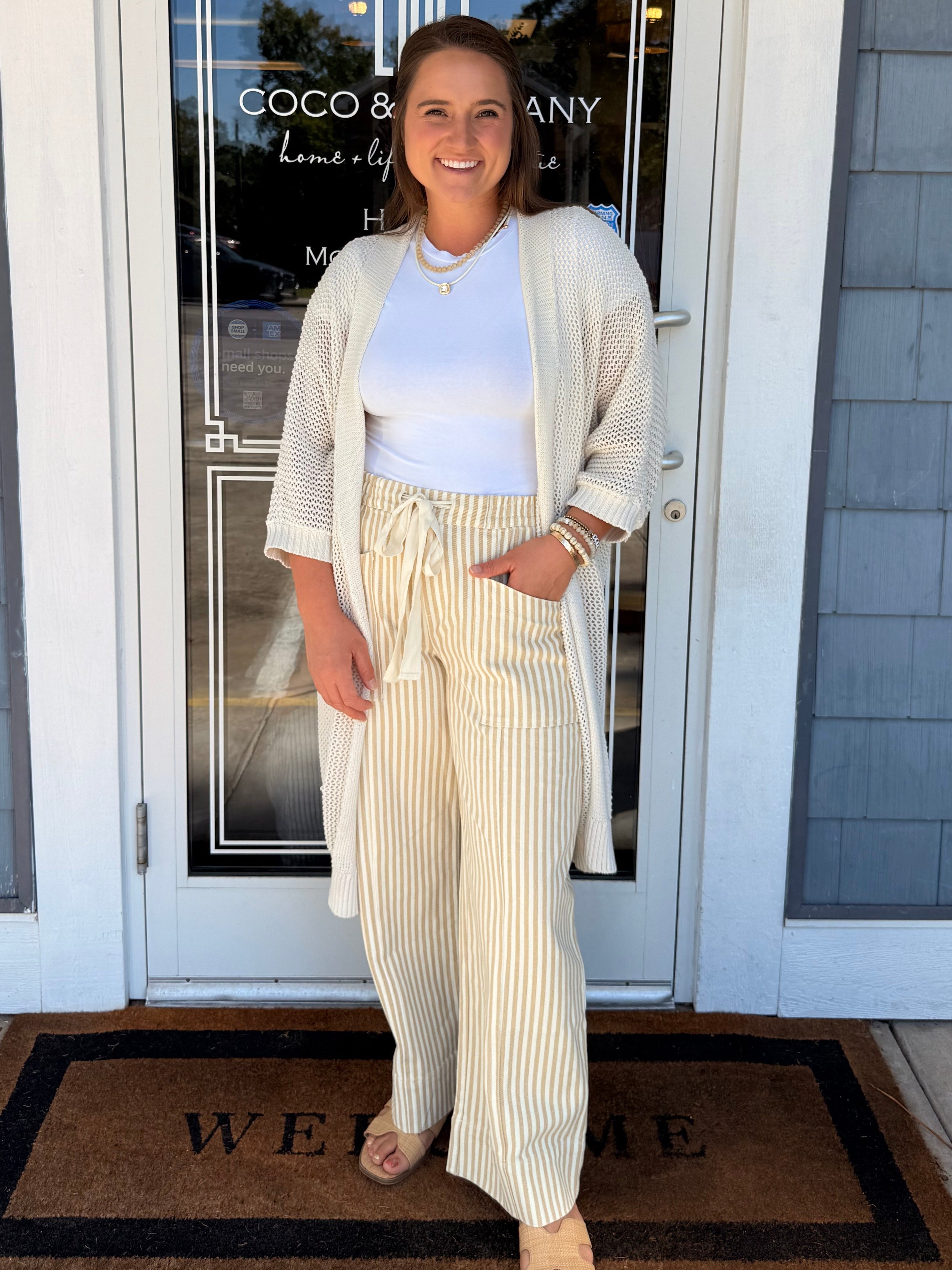 Taupe Natural Stripe Wide Leg Drawstring Pants