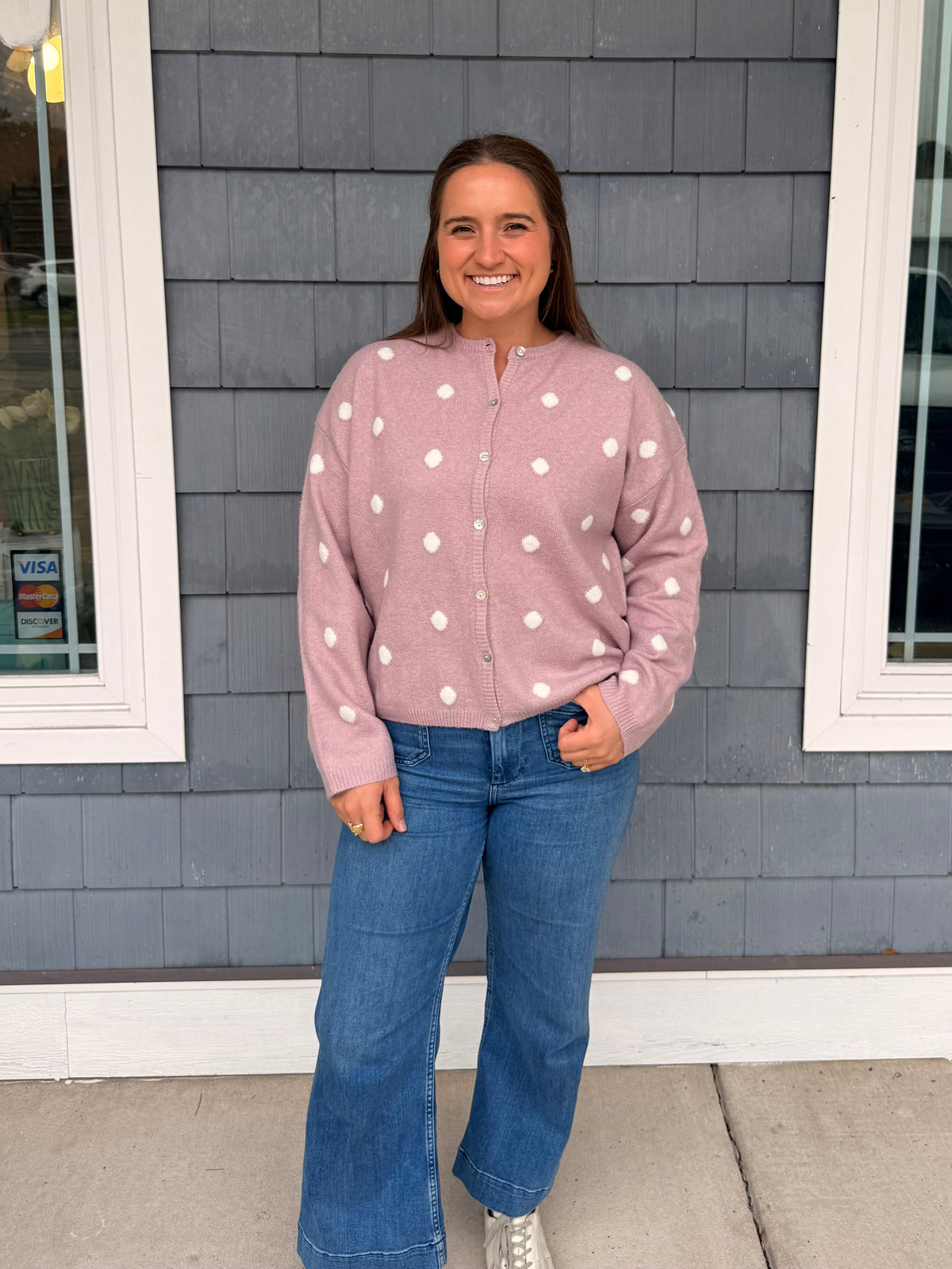 Pink Polka Dot Button Up Sweater