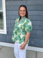 Green Floral Contrast Trim Blouse