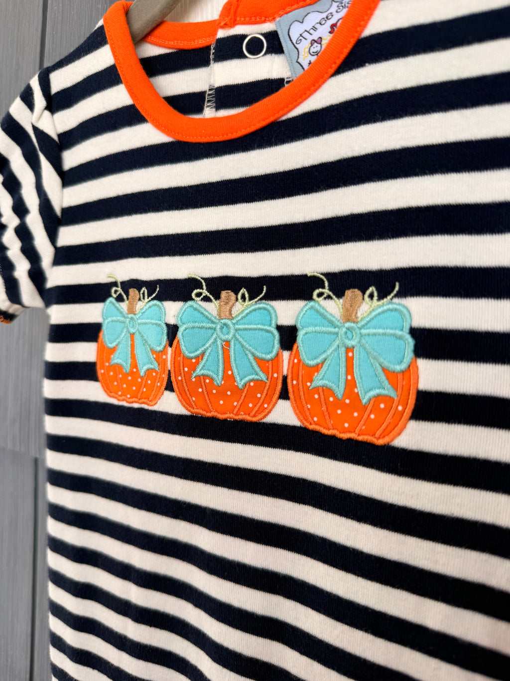 Navy/white Striped Romper W/Pumpkins, Three Sisters