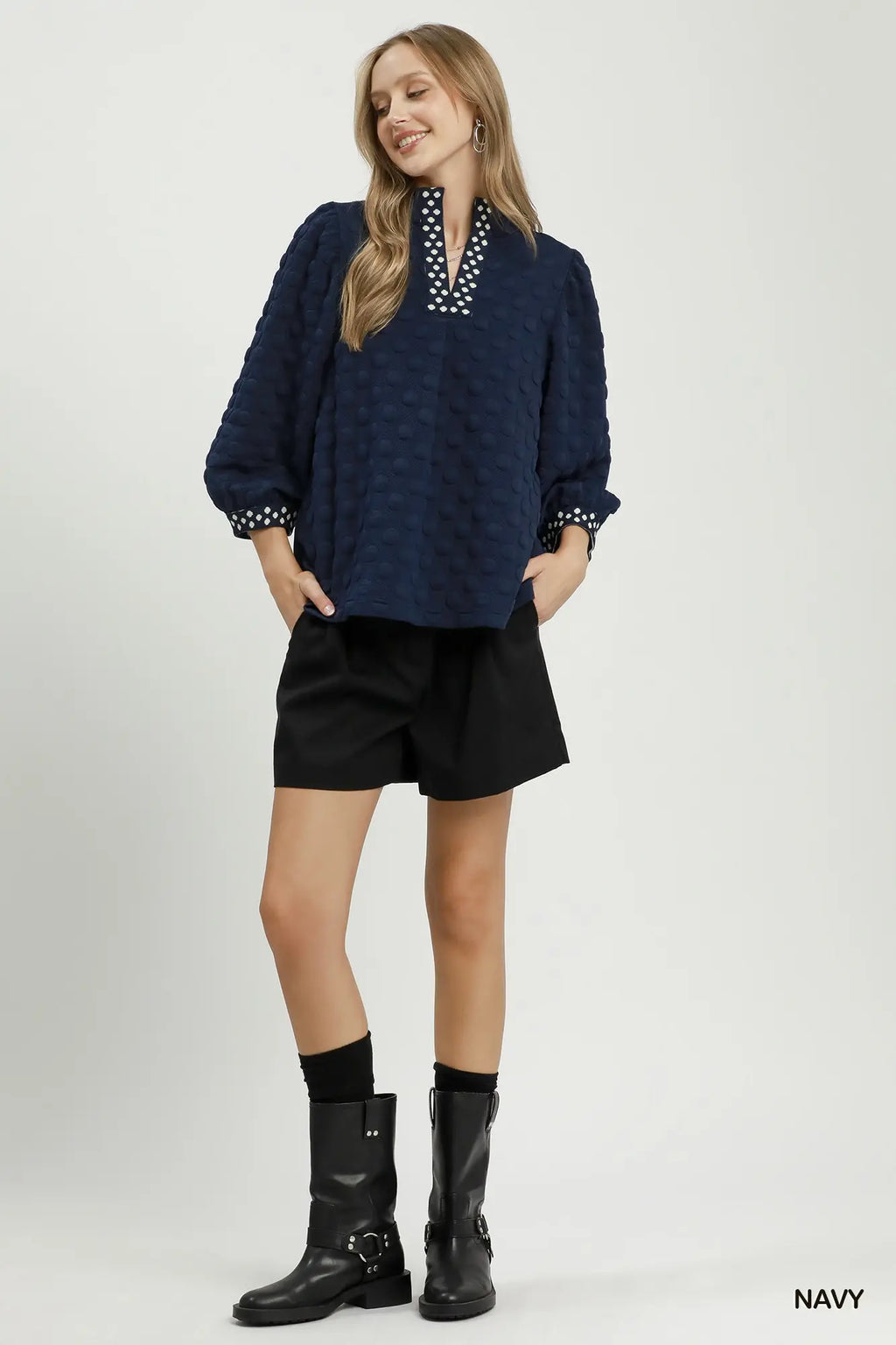 Navy Jacquard Polka Dot Contrast Trim Top