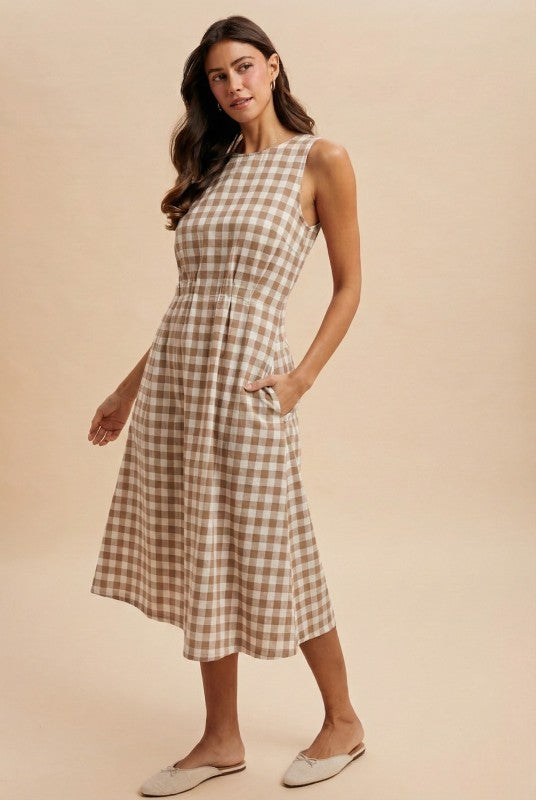 Taupe Gingham Check Midi Dress