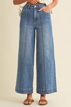 Medium Denim Stretch  High Rise Pin Tuck Wide Leg Jeans
