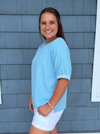 Sky Blue Round Neck Sleeve Trim Band Top