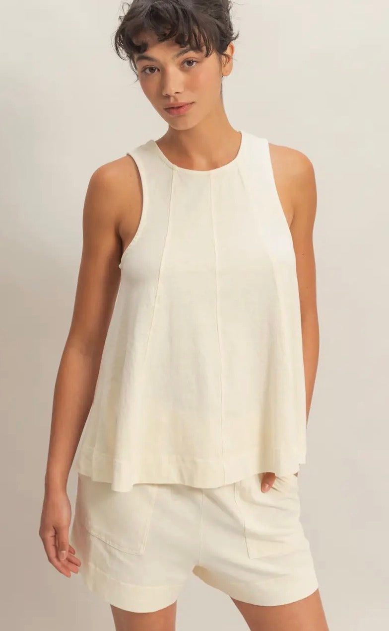 Sleeveless Round Neck Top & shorts Set- Cream