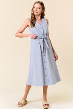 Blue Cotton Button Down Midi Dress