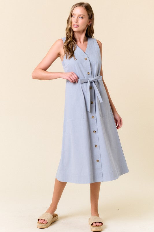 Blue Cotton Button Down Midi Dress