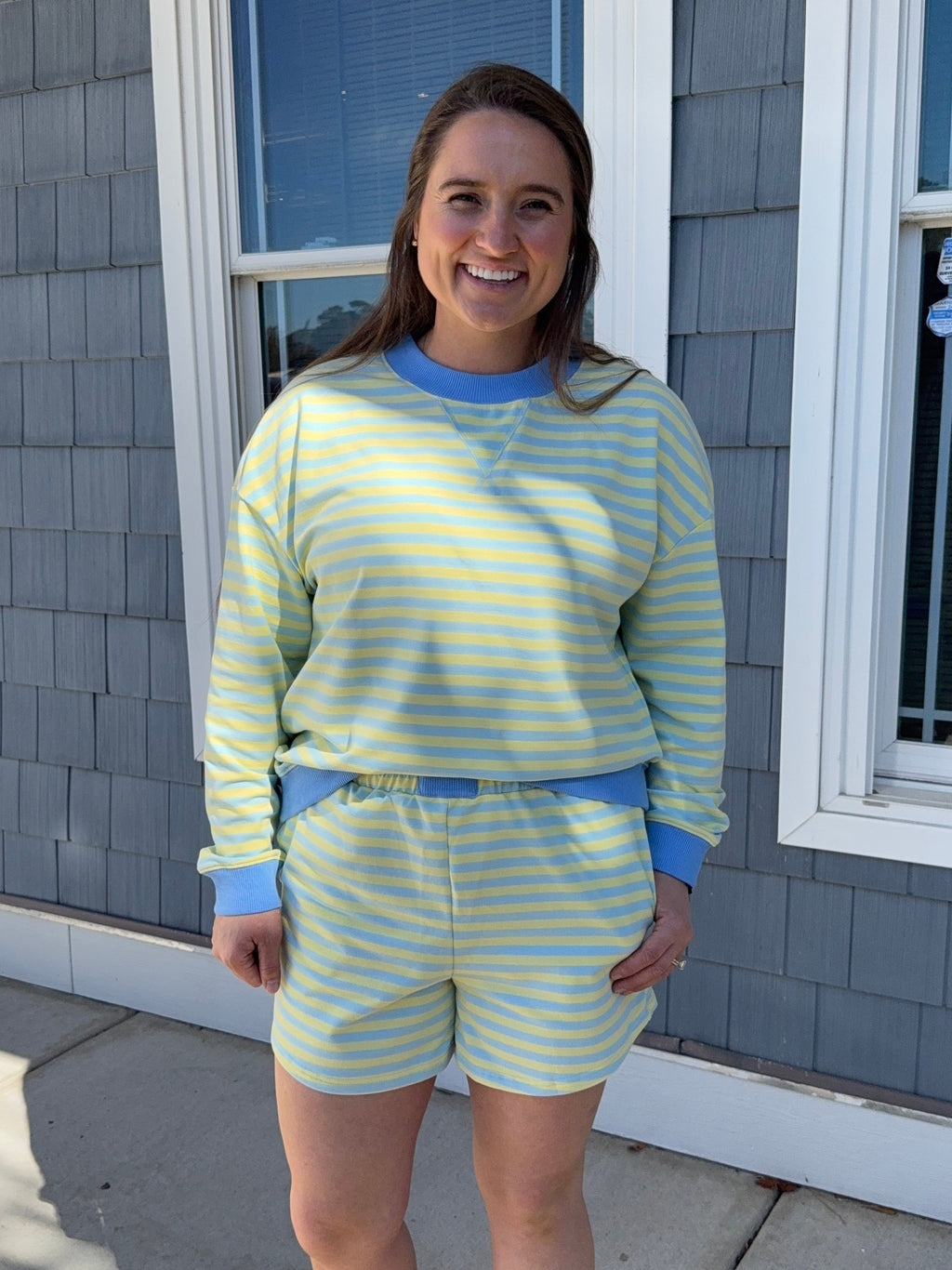 Yellow & Blue Stripe Mock Neck Set