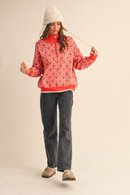 Red Orange Multi Floral Half Zip Mock Neck Pullover Sweater