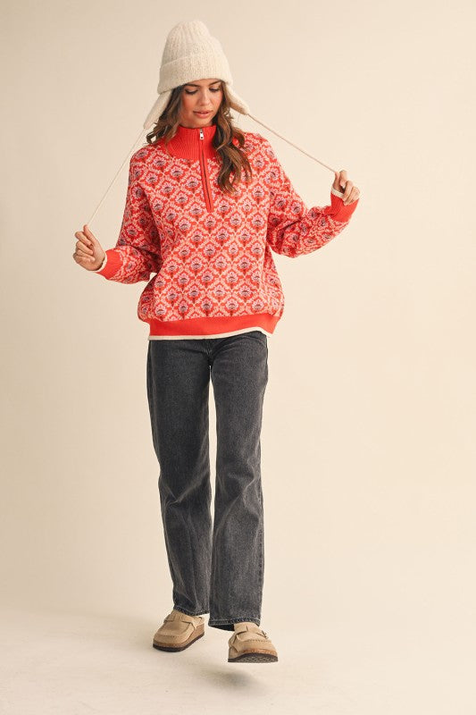 Red Orange Multi Floral Half Zip Mock Neck Pullover Sweater