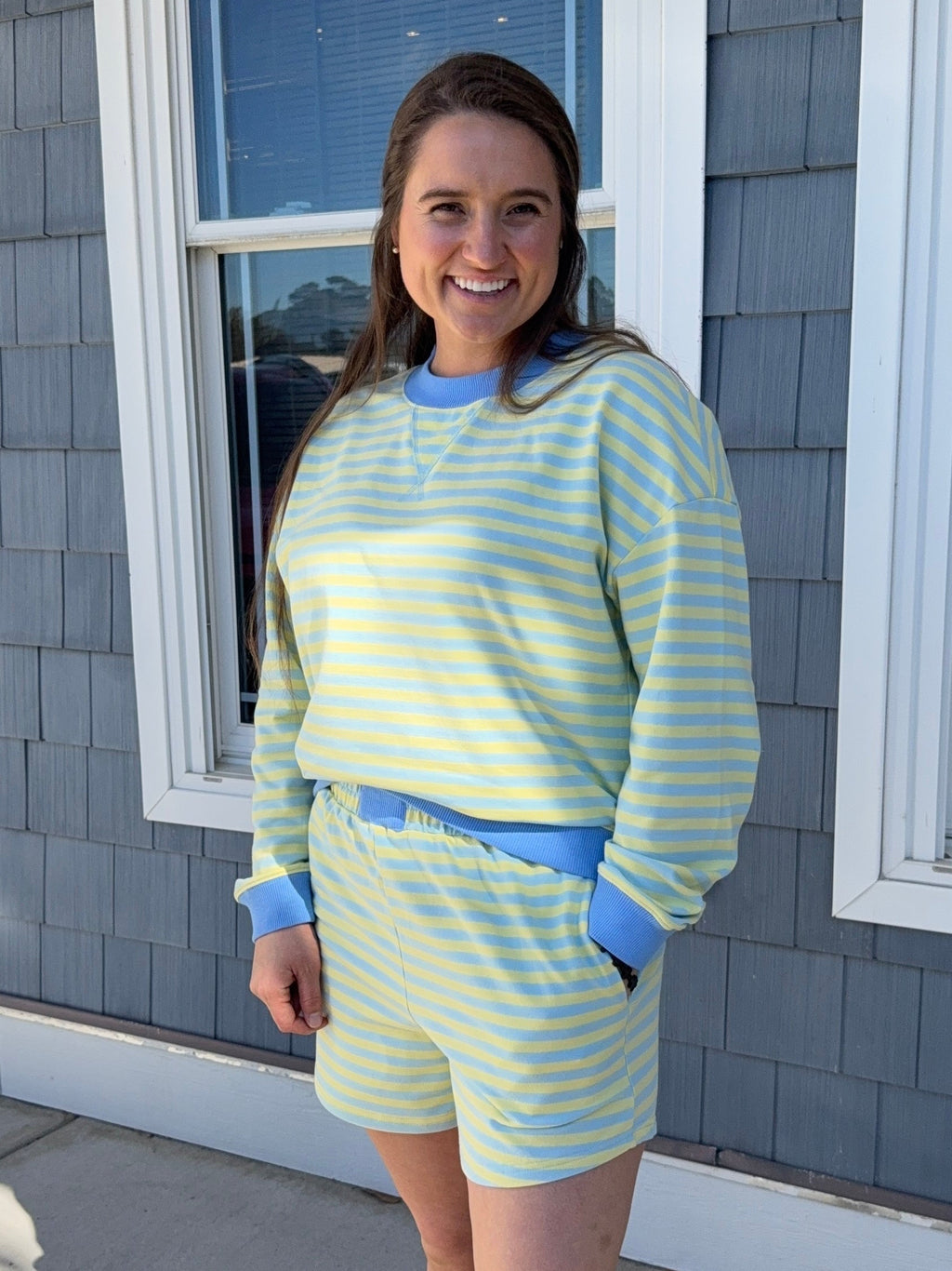 Yellow & Blue Stripe Mock Neck Set