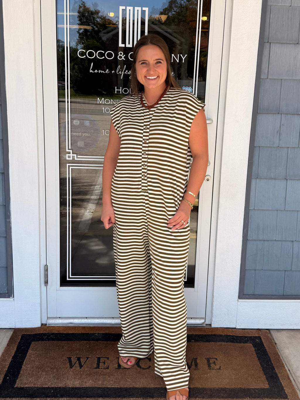 Mocha Stripe Knit Wide Leg Button Down Jumpsuit