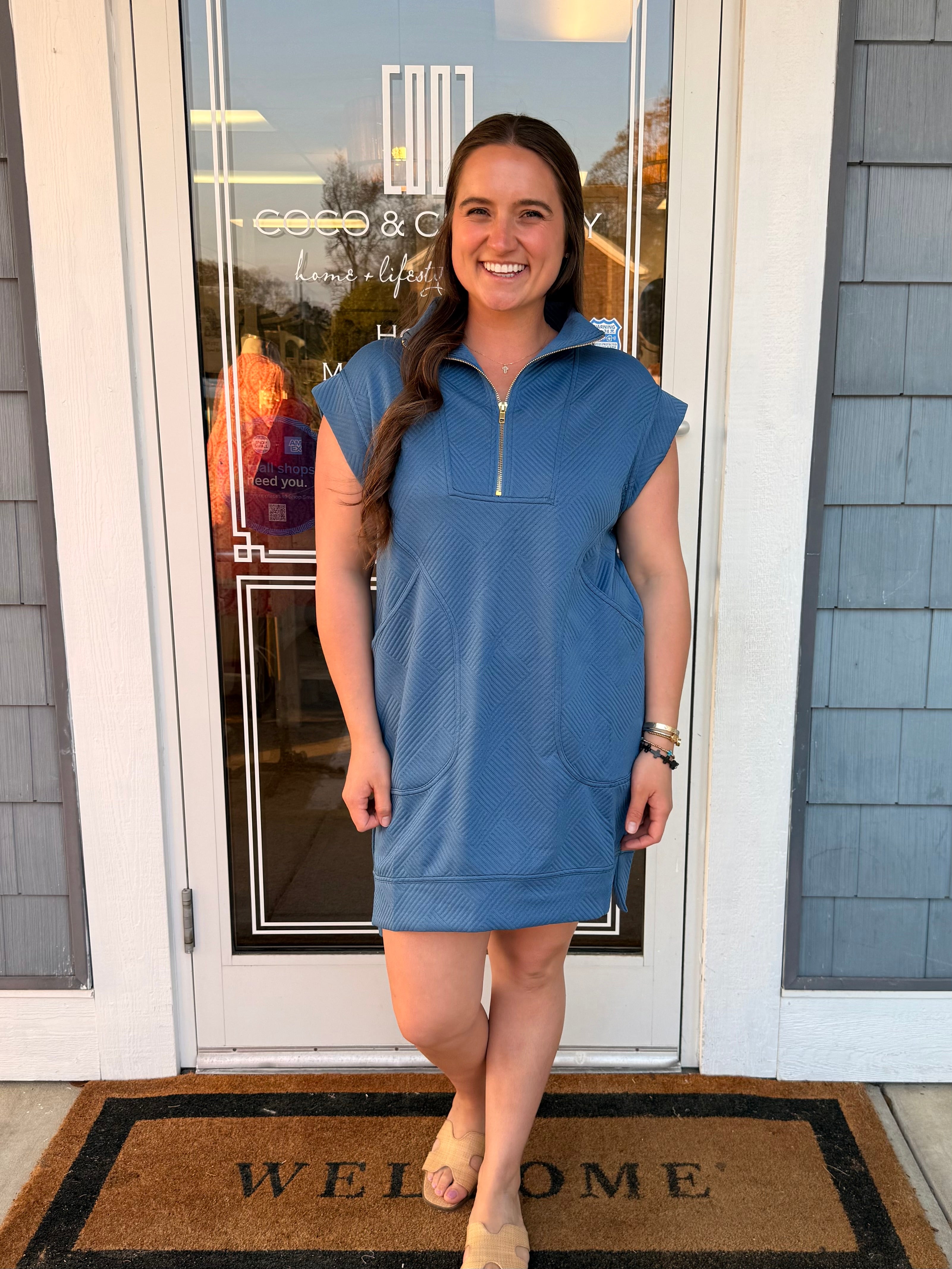 Textured Knit Quarter Zip Dress Dusty Blue