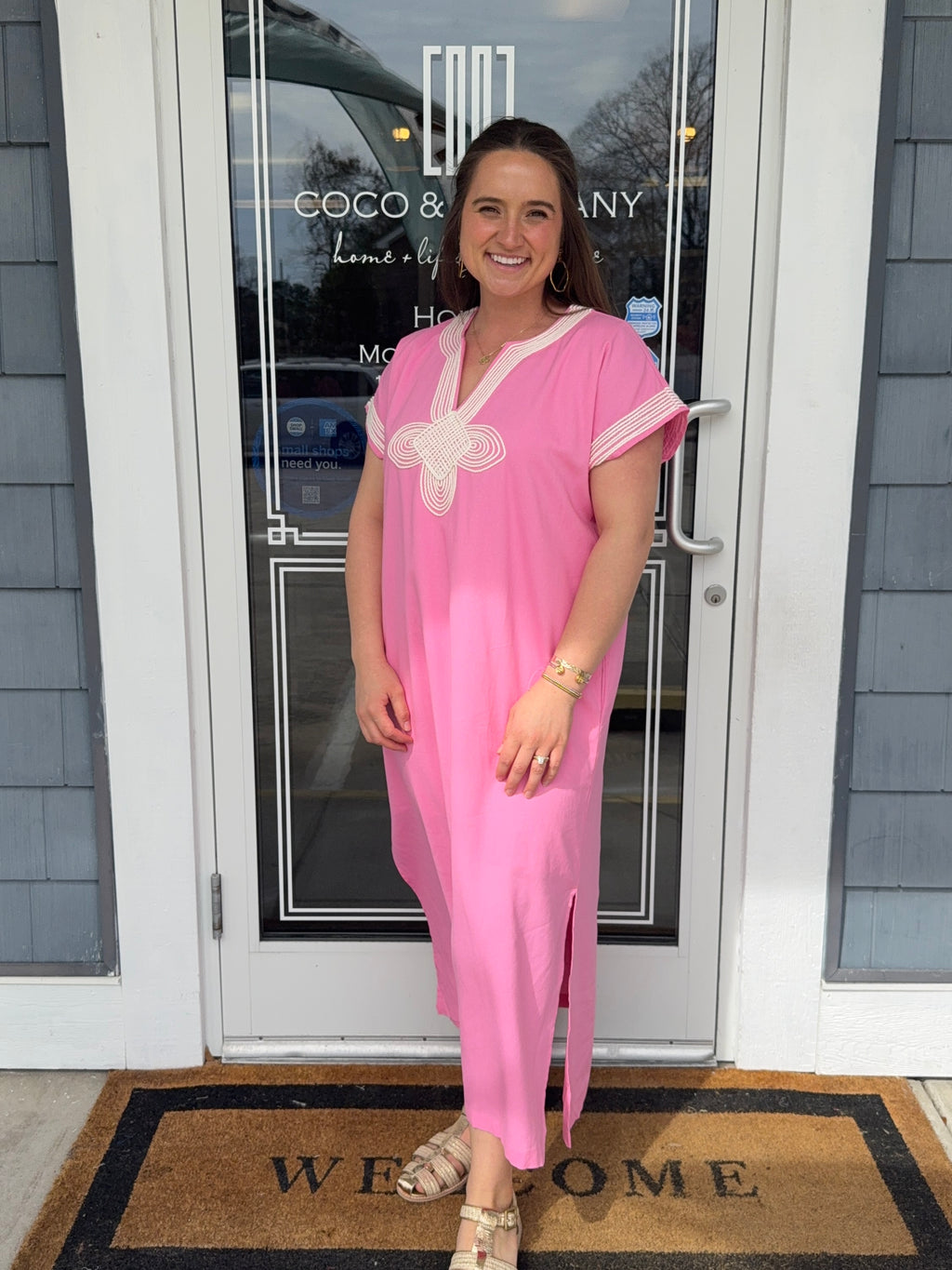 Pink Appliqué Trim Midi Dress
