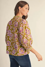 Green Floral V-neck Top