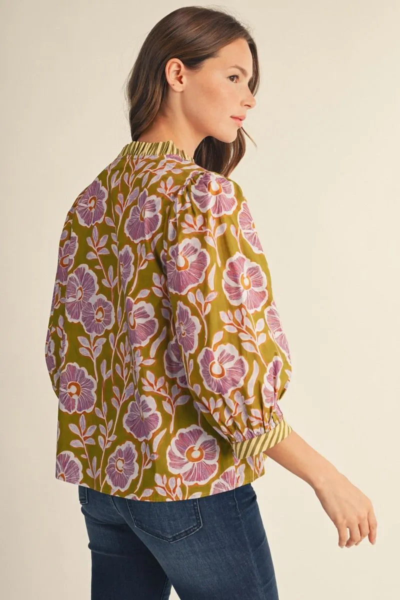 Green Floral V-neck Top