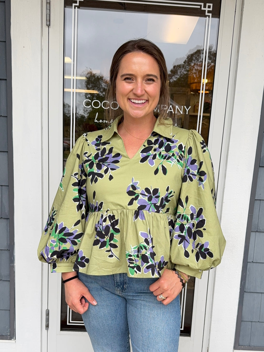 Olive Floral Peplum Top