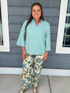 Blue Floral Ankle Cropped Pants