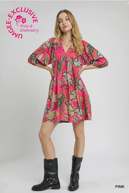 Abstract Pink Puff Sleeve Babydoll Dress