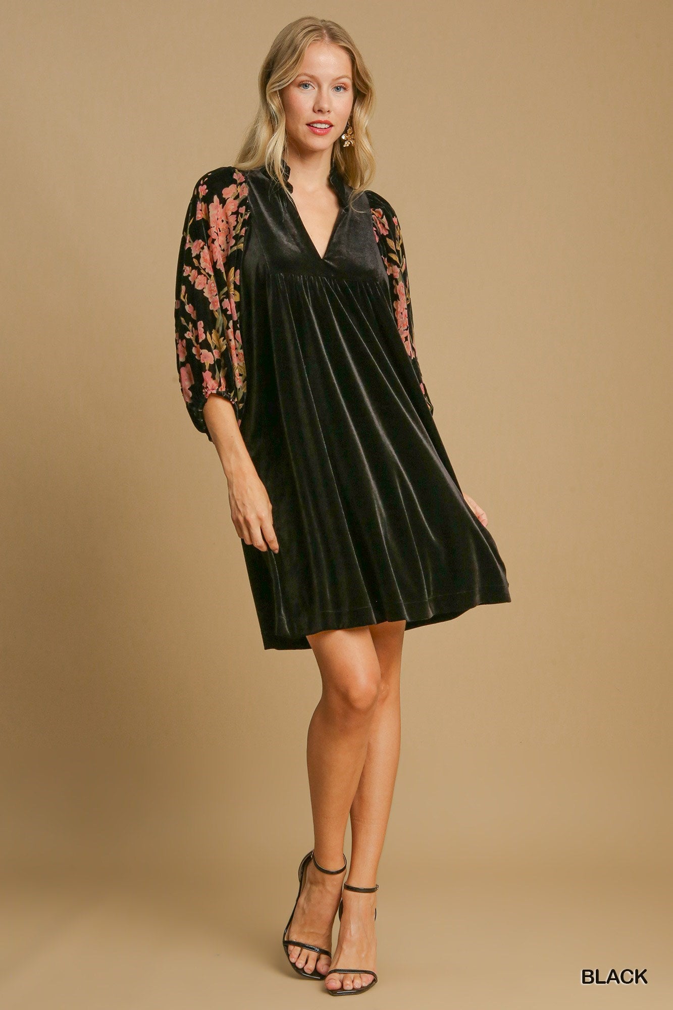 Black Velvet Ruffle Neck Mini Dress