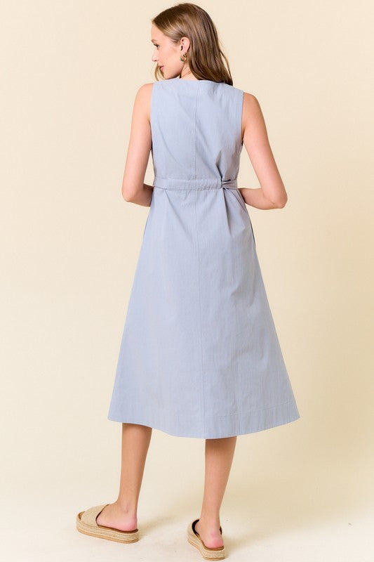 Blue Cotton Button Down Midi Dress