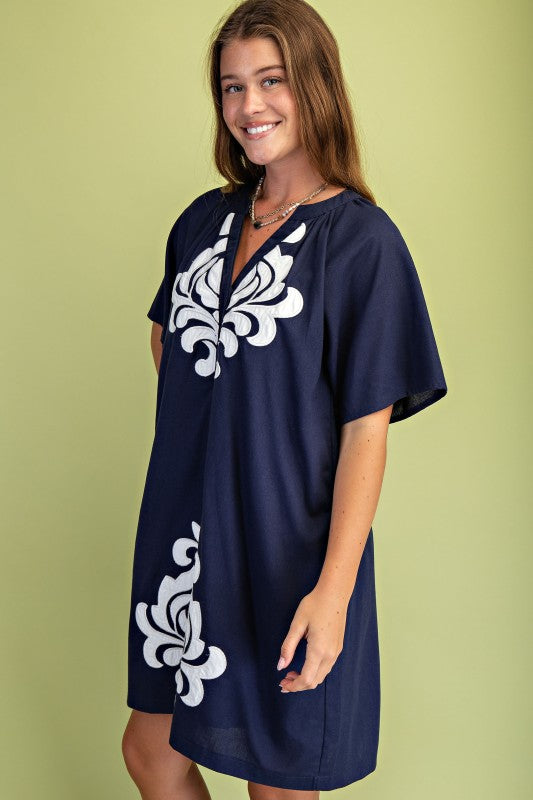 Navy Linen V-Neck Dress