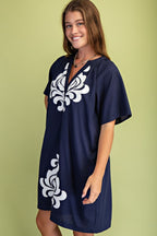 Navy Linen V-Neck Dress