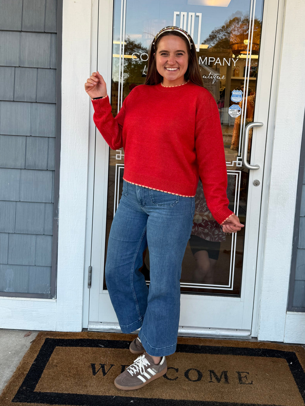 Red Knit Scalloped Edge Sweater