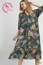Teal Boho Tiered Midi Dress