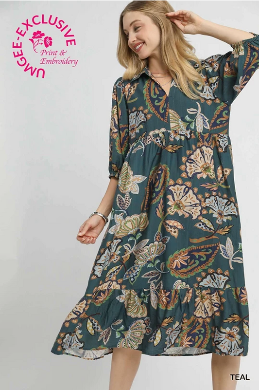 Teal Boho Tiered Midi Dress