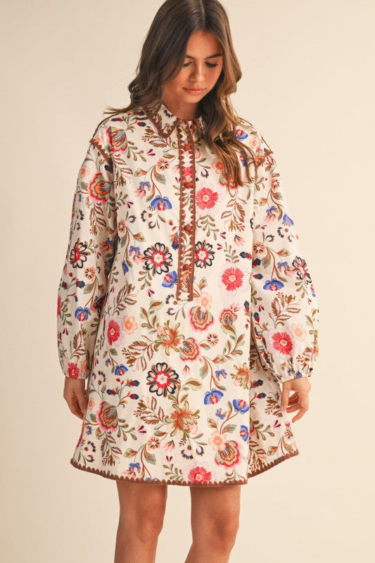 Floral Blanket Stitched Buttoned Dress