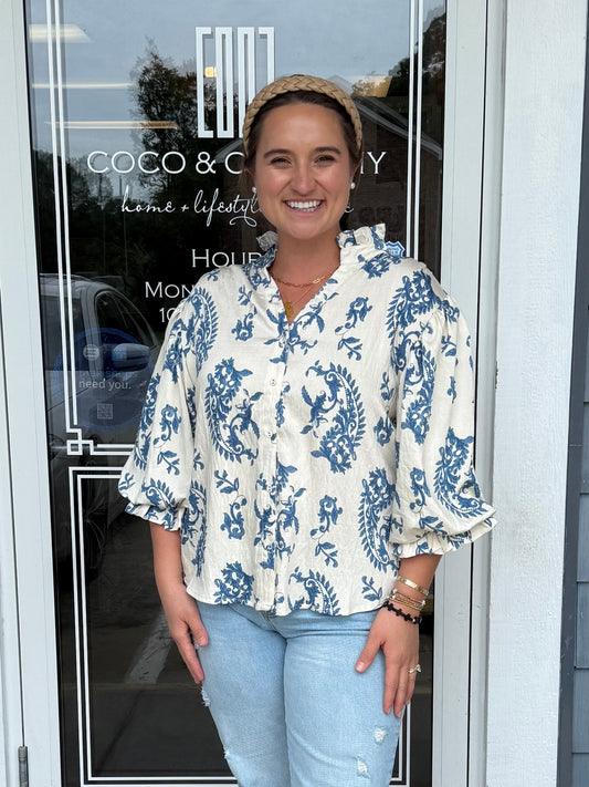 Blue Button Down 3/4 Balloon Sleeve Top