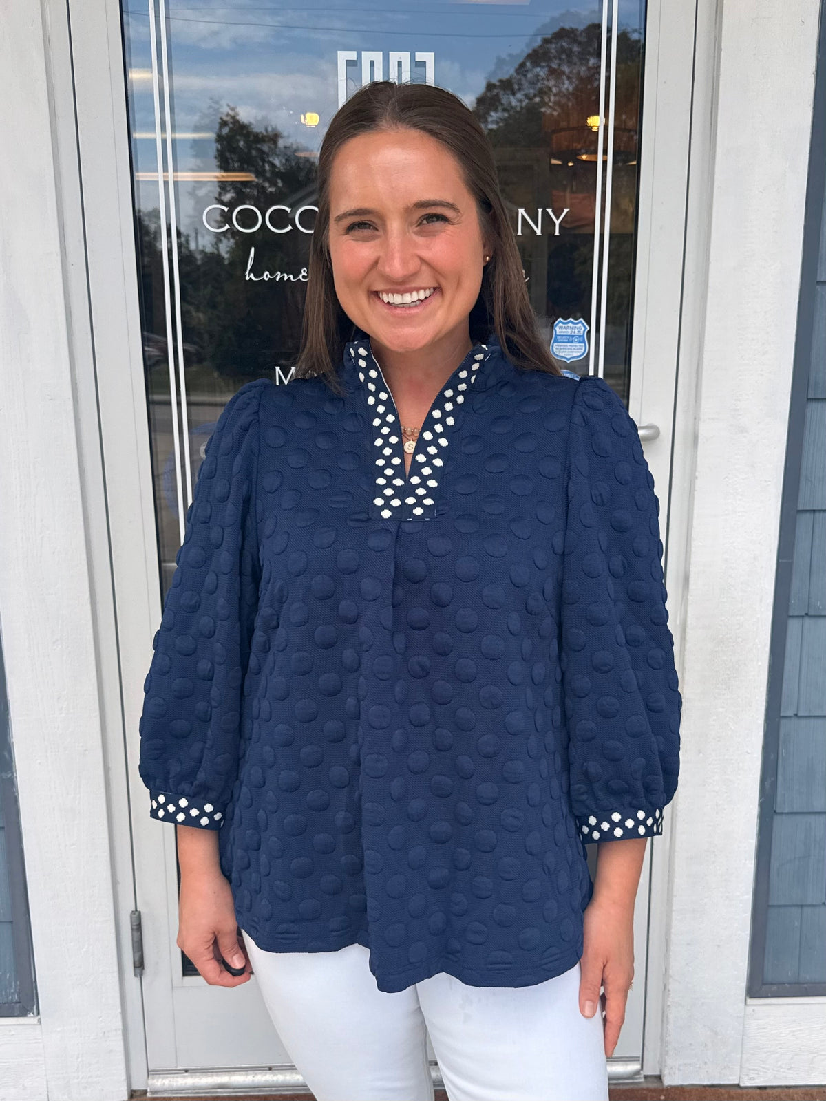 Navy Jacquard Polka Dot Contrast Trim Top
